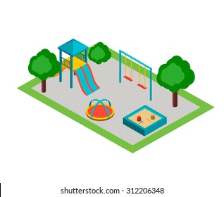 Isometric children playground, vector illustration. With slide, swings, sandbox, carousel
