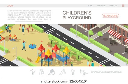Isometric children playground web page template with kids and parents in recreational park slides benches swings sandbox trees buildings vector illustration