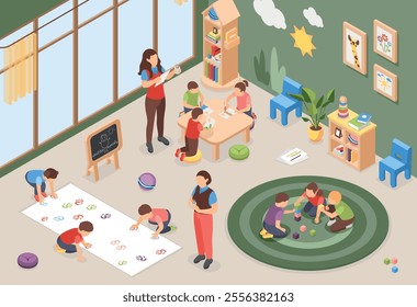 Isometric children in playroom. Playtime in kindergarten, child and teacher indoor activities. Preschool kids drawing and playing together, flawless vector scene