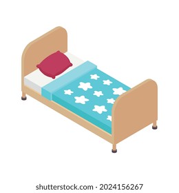 Composición de habitación infantil isométrica con imagen aislada de una cama de pequeño tamaño para un adolescente con ilustración de linea vectorial