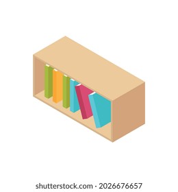 Composición de habitación infantil isométrica con imagen aislada de la estantería de libros con ilustraciones vectoriales coloridas