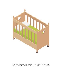 Composición de habitación infantil isométrica con imagen aislada de ilustración vectorial de cama de bebé de madera