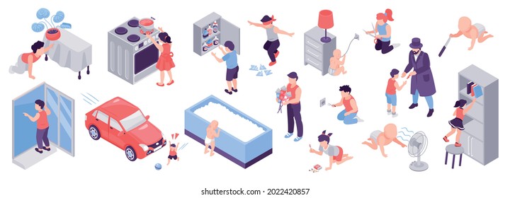 Isometric children safety color set of isolated icons with strangers dangerous household appliances and sharp objects vector illustration