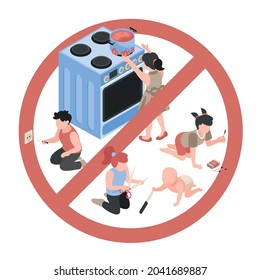 Isometric children safety composition with characters of kids playing with dangerous household appliances with prohibition sign vector illustration