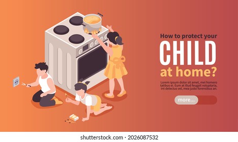 Isometric children safety horizontal banner with editable text button and risky kids playing with household appliances vector illustration