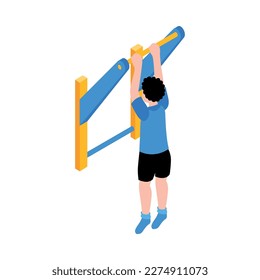 Isometric children sport equipment for home or school icon with boy doing pull ups on bar vector illustration