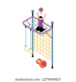 Isometric children sport equipment for home or school icon with happy child playing with ball on climbing frame vector illustration