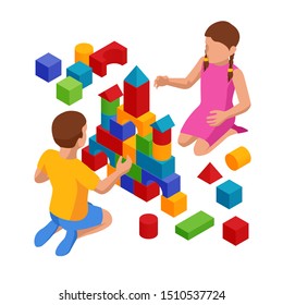 Isometric children stacks building cubes sitting at home or nursery room. Eco-friendly wooden constructor. Child development to preschool.