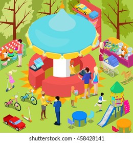 Isometric Children Toys Shop Interior with Customers. Vector illustration
