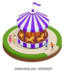 Isometric Children's carousel with horses isolated. Vector illustration. Colorful children's carousel.