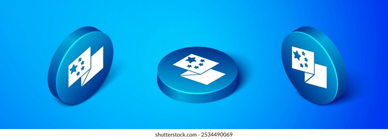 Isometrisches China-Flaggensymbol einzeln auf blauem Hintergrund. Blauer Kreis-Knopf. Vektorgrafik