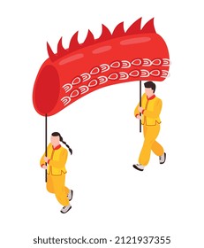 Isometric chinese new year composition with two human characters holding poles carrying fabric dragon vector illustration