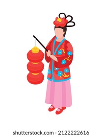 Isometric chinese new year composition with human character holding red lanterns and festive accessories vector illustration