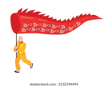 Isometric chinese new year composition with human character holding pole carrying fabric dragons tail vector illustration