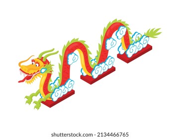Isometric chinese new year composition with cartoon character of decorated dragon snake vector illustration