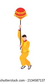 Isometric chinese new year composition with human character holding pole with lantern vector illustration