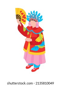 Isometric chinese new year composition with human character holding hand fan feathers and festive goods vector illustration