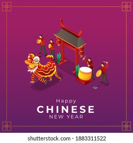 Isometric chinese new year lion dance greeting card