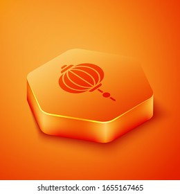 Isometric Chinese paper lantern icon isolated on orange background. Orange hexagon button. Vector Illustration
