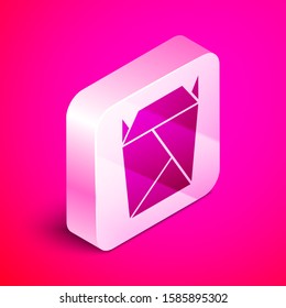 Isometric Chinese restaurant opened take out box filled icon isolated on pink background. Take away food. Silver square button. Vector Illustration