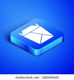 Isometric Chinese restaurant opened take out box filled icon isolated on blue background. Take away food. Blue square button. Vector Illustration