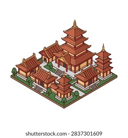 Isometric Chinese Temple Complex Vector Illustration with Traditional Pagoda Buildings