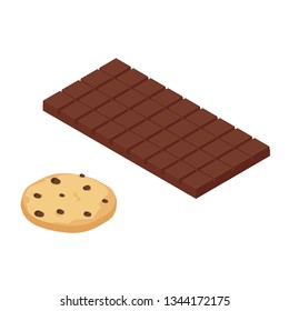 Isometric chocolate bar and chocolate chip cookie isolated on white bacground. White chocolate