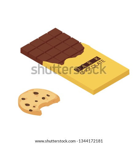 Isometric chocolate bar and chocolate chip cookie isolated on white bacground. White chocolate