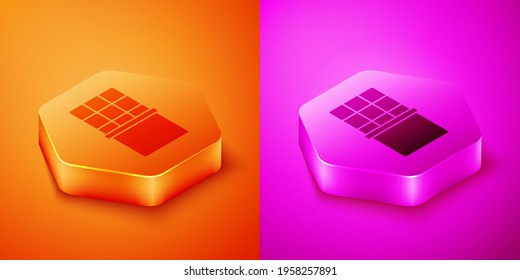 Isometric Chocolate bar icon isolated on orange and pink background. Hexagon button. Vector