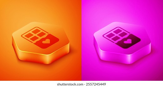 Isometric Chocolate bar icon isolated on orange and pink background. Happy Valentines day. Hexagon button. Vector