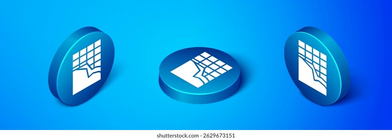 Isometric Chocolate bar icon isolated on blue background. Blue circle button. Vector Illustration