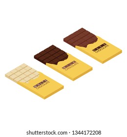 Isometric chocolate bars  isolated on white bacground. White, dark and mil chocolate