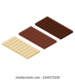 Isometric chocolate bars  isolated on white bacground. White, dark and mil chocolate