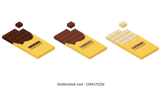 Isometric chocolate bars and pieces isolated on white bacground. White, dark and mil chocolate