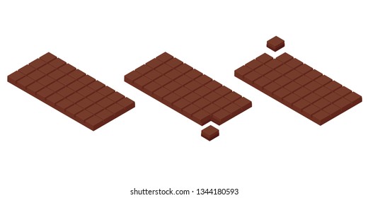 Isometric chocolate bars and pieces isolated on white bacground. Milk chocolate