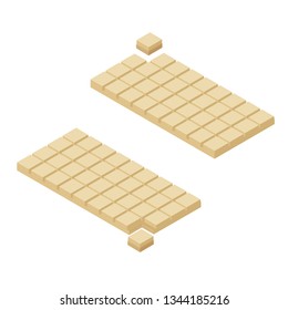 Isometric chocolate bars and pieces isolated on white bacground. White chocolate
