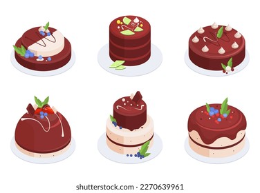 Pasteles de chocolate isométricos. Postres pasteleros con helado de chocolate, deliciosos pasteles decorados con frambuesa y fresa 3d ilustraciones vectoriales