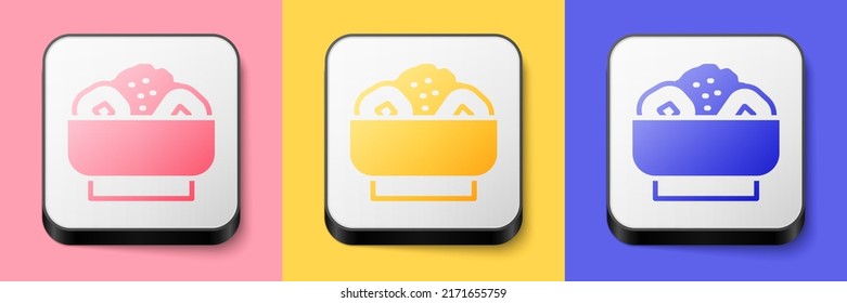 Isometric Chow mein on plate icon isolated on pink, yellow and blue background. Asian food. Square button. Vector