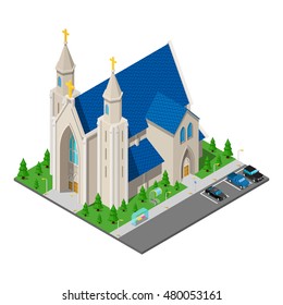 Isometric Christian Catholic Church Building. Vector illustration