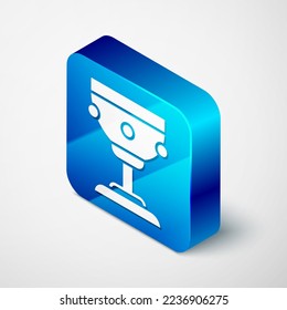 Isometric Christian chalice icon isolated on grey background. Christianity icon. Happy Easter. Blue square button. Vector Illustration