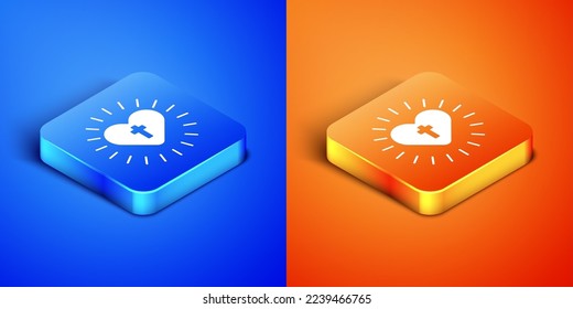 Isometric Christian cross and heart icon isolated on blue and orange background. Happy Easter. Square button. Vector Illustration