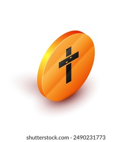 Isometric Christian cross icon isolated on white background. Church cross. Orange circle button. Vector