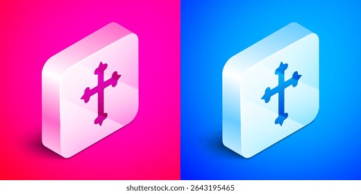 Isometric Christian cross icon isolated on pink and blue background. Church cross. Silver square button. Vector