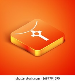 Isometric Christian cross on chain icon isolated on orange background. Church cross. Vector Illustration