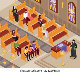 Isometric christianity region composition with indoor view of church with sitting people and priest prayer ceremony vector illustration