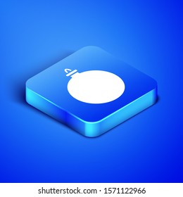 Isometric Christmas ball icon isolated on blue background. Merry Christmas and Happy New Year. Blue square button. Vector Illustration