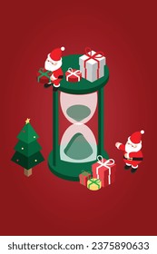 Isometric Christmas banner template promotion for advertising with Santa and hourglass