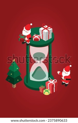 Isometric Christmas banner template promotion for advertising with Santa and hourglass