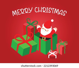 isometric Christmas banner template with Santa and Christmas gift box