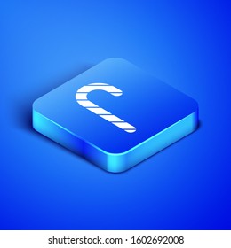 Isometric Christmas candy cane with stripes icon isolated on blue background. Merry Christmas and Happy New Year. Blue square button. Vector Illustration